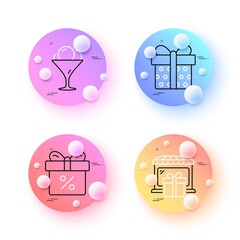 Discount offer, Gift shop and Gift box minimal line icons. 3d spheres or balls buttons. Ice cream icons. For web, application, printing. Souvenirs store, Present package, Sundae in glass. Vector