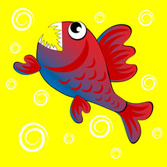 predatory evil piranha fish. Fabulous underwater world. Styling, cartoon style