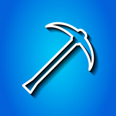 Pickaxe simple icon. Flat desing. White icon with shadow on blue background.ai