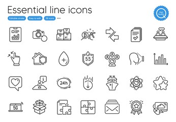 Strategy, Diagram graph and Wholesale inventory line icons. Collection of Video conference, Scroll down, Interview icons. Bitcoin mining, Atom, Mail web elements. Ship, Report document. Vector