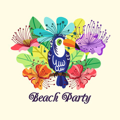 invitation to a beach party featuring tropical flowers, exotic leaves and Toucan.