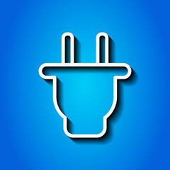 Plug simple icon. Flat desing. White icon with shadow on blue background.ai