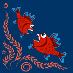 Fototapeta premium predatory evil piranha fish. Fabulous underwater world. Styling, cartoon style