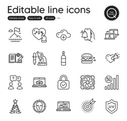 Set of Business outline icons. Contains icons as Face detect, 5g wifi and Food delivery elements. Computer fan, Mountain flag, Engineering documentation web signs. Christmas tree. Vector