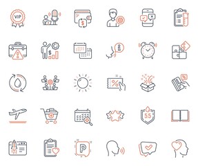 Business icons set. Included icon as Support, Refill water and Phone survey web elements. Gift, Approved, Friend icons. Credit card, Book, Employees wealth web signs. Vip award, Parking. Vector