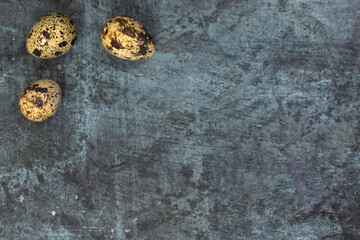 Easter background. Three feathery eggs in the left corner against a dark background.