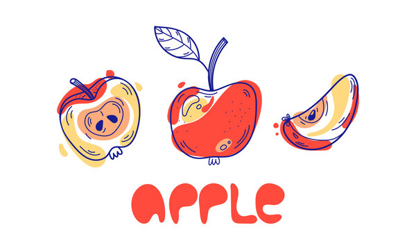 Red Apples Collection, Doodle Hand Drawn Flat Icons And Lettering In 70s Style. Design Elements For Menu And Kitchen Decor Isolated On White Background.