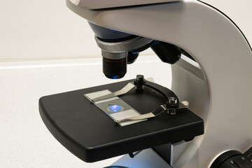 a sample preparation lies under the eyepiece of a microscope for scientific research or educational...
