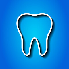 Tooth simple icon. Flat desing. White icon with shadow on blue background.ai
