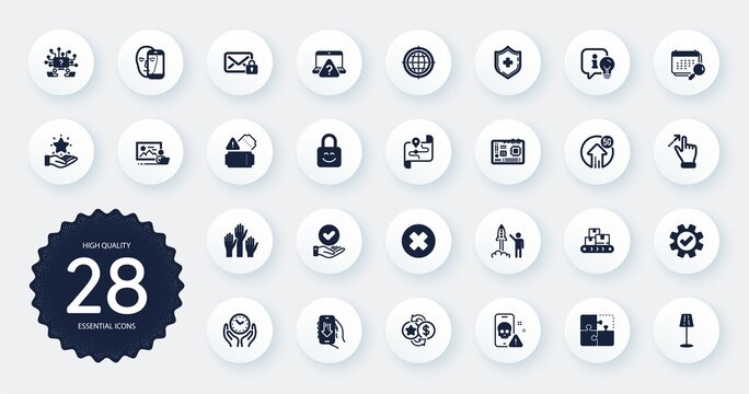 Set of Technology icons, such as Calendar, Loyalty program and Voting hands flat icons. 5g upload, Seo internet, Face biometrics web elements. Teamwork question, Approved checkbox. Vector