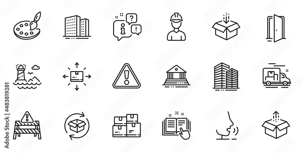 Poster outline set of send box, technical documentation and open door line icons for web application. talk,
