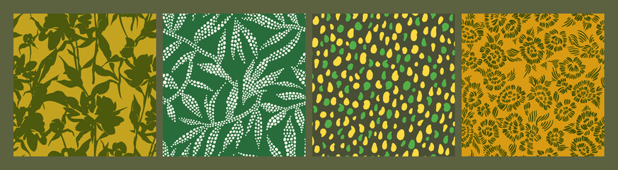 Set of simple floral seamless patterns. Meadow plants, leaves, leaf and daisy flowers collection in yellow green colors. Spotted texture print. Botanical collage in modern flat style.