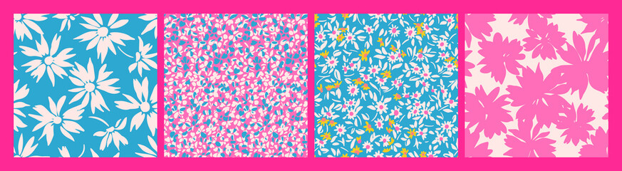 Set of simple floral seamless patterns. Small and large daisy flowers collection in blue pink colors. Sketch flat drawing. Botanical collage in modern trendy style. Summer meadow flowers bundle.