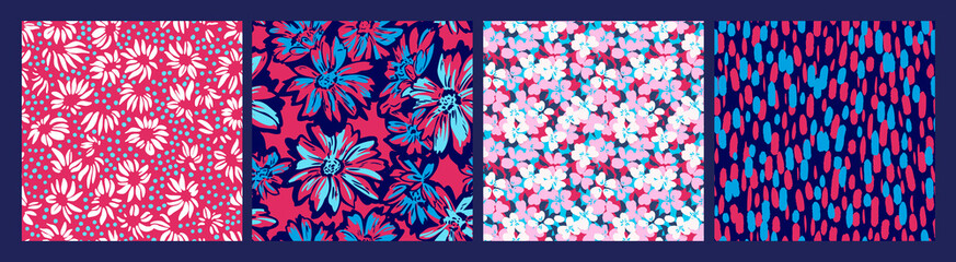 Seamless patterns made of different meadow flowers. Abstract floral set with all over tiny daisies, sketch large meadow flowers and geometric dot pattern. Botanical endless prints collection.
