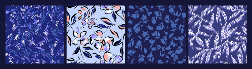 Set of simple floral seamless patterns. Daisy flowers collection in blue color. Sketch flat drawing. Botanical collage in modern trendy style.