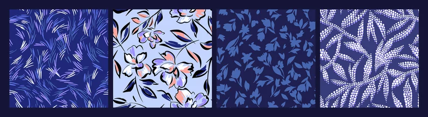 Foto op Canvas Set of simple floral seamless patterns. Daisy flowers collection in blue color. Sketch flat drawing. Botanical collage in modern trendy style. © Galakam