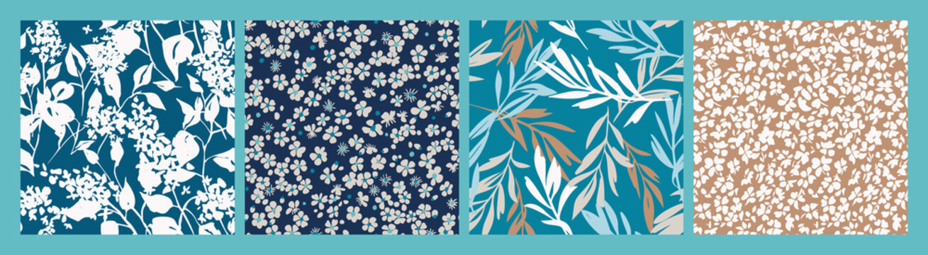 Set of simple floral seamless patterns. Meadow plants, leaves, leaf and small daisy flowers collection. All over print. Botanical collage in modern flat style. Floral silhouettes. Summer motif.