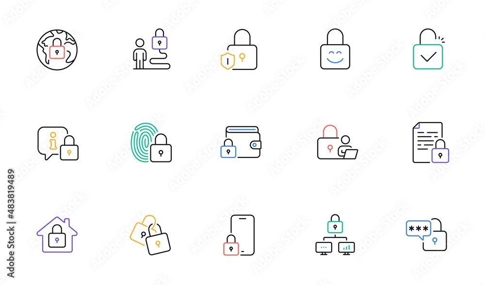 Aufkleber locks line icons. fingerprint protection, unlock code and lock password icons. open padlock, locked 