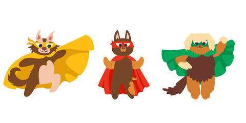Set of different superhero dogs. Fictional characters in cartoon style