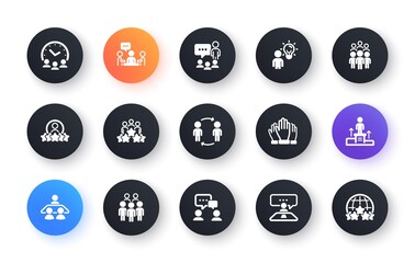 Business people icons set. Team meeting, Group people, job structure. Communication, leader icons. Congress, talk person, partnership. Job interview, business idea, voting. Circle web buttons. Vector