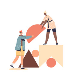 Colleagues team partners help working together with abstract shapes. Creative man and woman partners