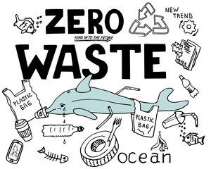 Zero waste concept. Hand drawn doodle sketch vector illustration isolated on white background. Ecological lifestyle and sustainable developments icons. Waste less concept illustration.