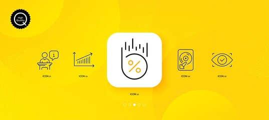 Fototapeta na wymiar Hdd, Podium and Chart minimal line icons. Yellow abstract background. Biometric eye, Loan percent icons. For web, application, printing. Memory disk, Conference stage, Presentation chart. Vector