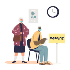 Senior man and woman wait for vaccine from coronavirus in clinic. Old male and female get vaccinated