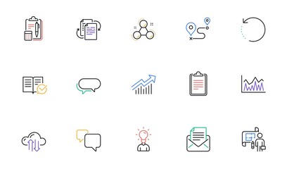Speech bubble, Recovery data and Demand curve line icons for website, printing. Collection of Chemistry molecule, Messenger, Mail correspondence icons. Education, Plan, Cloud sync web elements. Vector