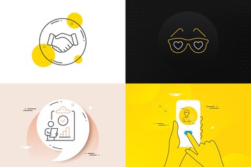 Minimal set of Remove account, Love glasses and Inspect line icons. Phone screen, Quote banners. Handshake icons. For web development. Delete user, Spectacles with hearts, Research report. Vector