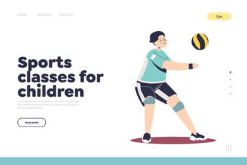 Sport classes for kids concept of landing page with boy playing volleyball match