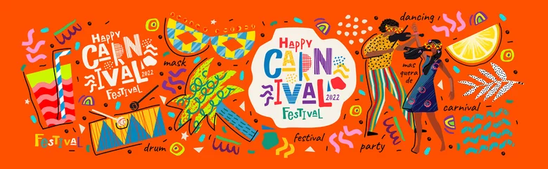 Deurstickers Carnival and festival. Vector illustration of musical and dance celebration, masquerade, party, people, palm and mask. Drawing for poster, background and card © Ardea-studio