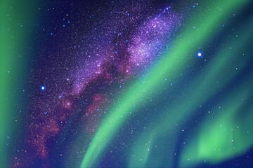 Night starry sky. Milky Way and Northern lights. Green aurora borealis - obrazy, fototapety, plakaty