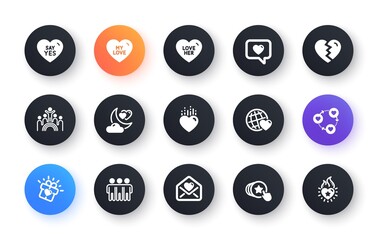Minimal set of Friendship, Say yes and My love flat icons for web development. Love her, Inclusion, Break up icons. Friends world, Heart, Hold heart web elements. Friends community. Wedding. Vector