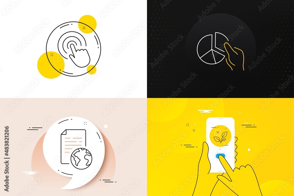 Poster minimal set of click, leaves and pie chart line icons. phone screen, quote banners. internet documen
