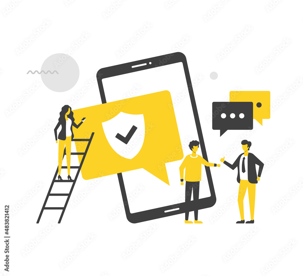 Poster mobile security. flat vector illustration. people and smartphone with speech bubble message and shie