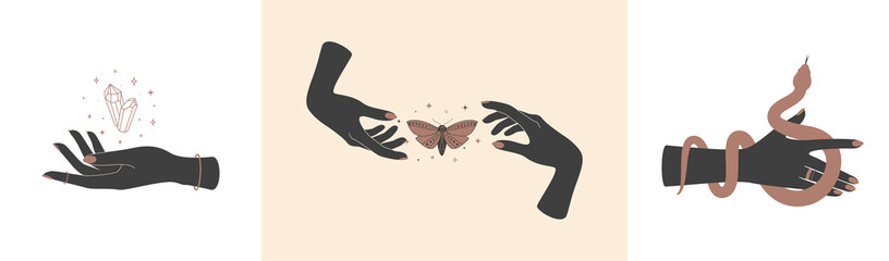 Magic hands with celestial mystical symbols. Spiritual boho elements with butterfly moth, snake and healing crystal. Black silhouette of woman arms isolated on white. Vector illustration