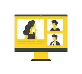 Video conference, video call. Flat vector illustration. Computer with talking people on screen. Conference call, communication technology, online chat, internet conversation. Modern concepts