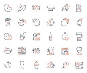 Food and drink icons set. Included icon as Food market, Food and Champagne bottle web elements. Cooking timer, Ice cream, Takeaway coffee icons. Double latte, Cooking mix, Coffee web signs. Vector