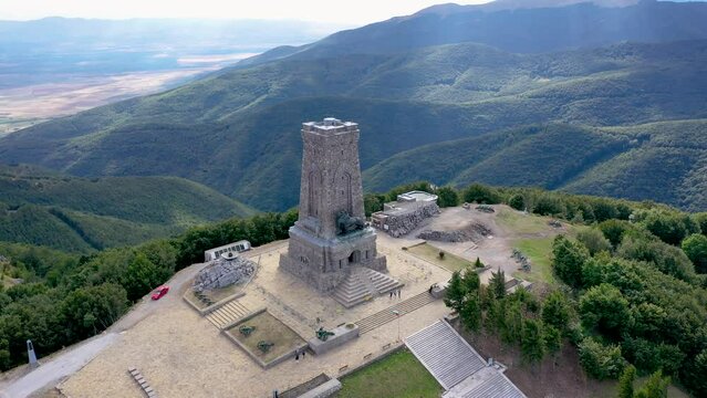 Drone footage of Freedom Monument on a Stoletov on Shipka mountain pass in Balkan Mountains, Bulgaria