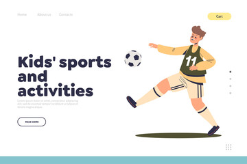 Fototapeta na wymiar Kid sport activities concept of landing page with boy in sportswear playing football