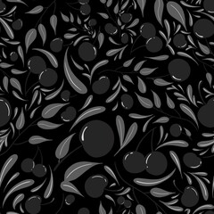 Abstract Seamless pattern monochrome Cherry and leaf on black background 