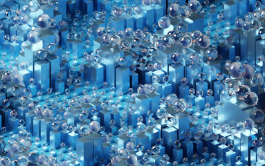 Abstract background, rendering illustration. Blue glass balls on cubes. Cleanest, simplicity, order, moving in line