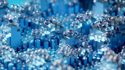Abstract background, rendering illustration. Blue glass balls on cubes. Cleanest, simplicity, order, moving in line