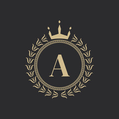 Initial Letter A Heraldic Royal Frame with Crown and Laurel Wreath. Simple Classic Emblem. Round Composition. Graphics Style. Art Elements for Logo Design Vector Illustration