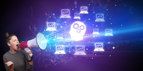 Young person with megaphone and business icon