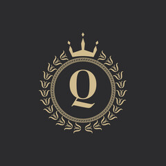 Initial Letter Q Heraldic Royal Frame with Crown and Laurel Wreath. Simple Classic Emblem. Round Composition. Graphics Style. Art Elements for Logo Design Vector Illustration