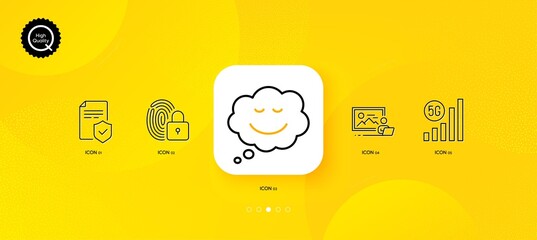 Fototapeta na wymiar 5g wifi, Speech bubble and Photo studio minimal line icons. Yellow abstract background. Lock, Insurance policy icons. For web, application, printing. Vector