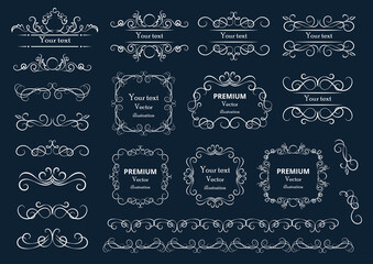 Calligraphic design elements . Decorative swirls or scrolls, vintage frames , flourishes, labels and dividers. Retro vector illustration