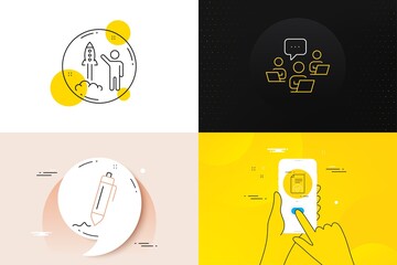 Minimal set of Signature, Launch project and Approved document line icons. Phone screen, Quote banners. Teamwork icons. For web development. Written pen, Business innovation, Verification file. Vector